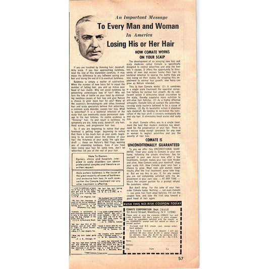 Comate Corporation Hair Loss Treatment Westbury NY 1974 Ad AG1-10