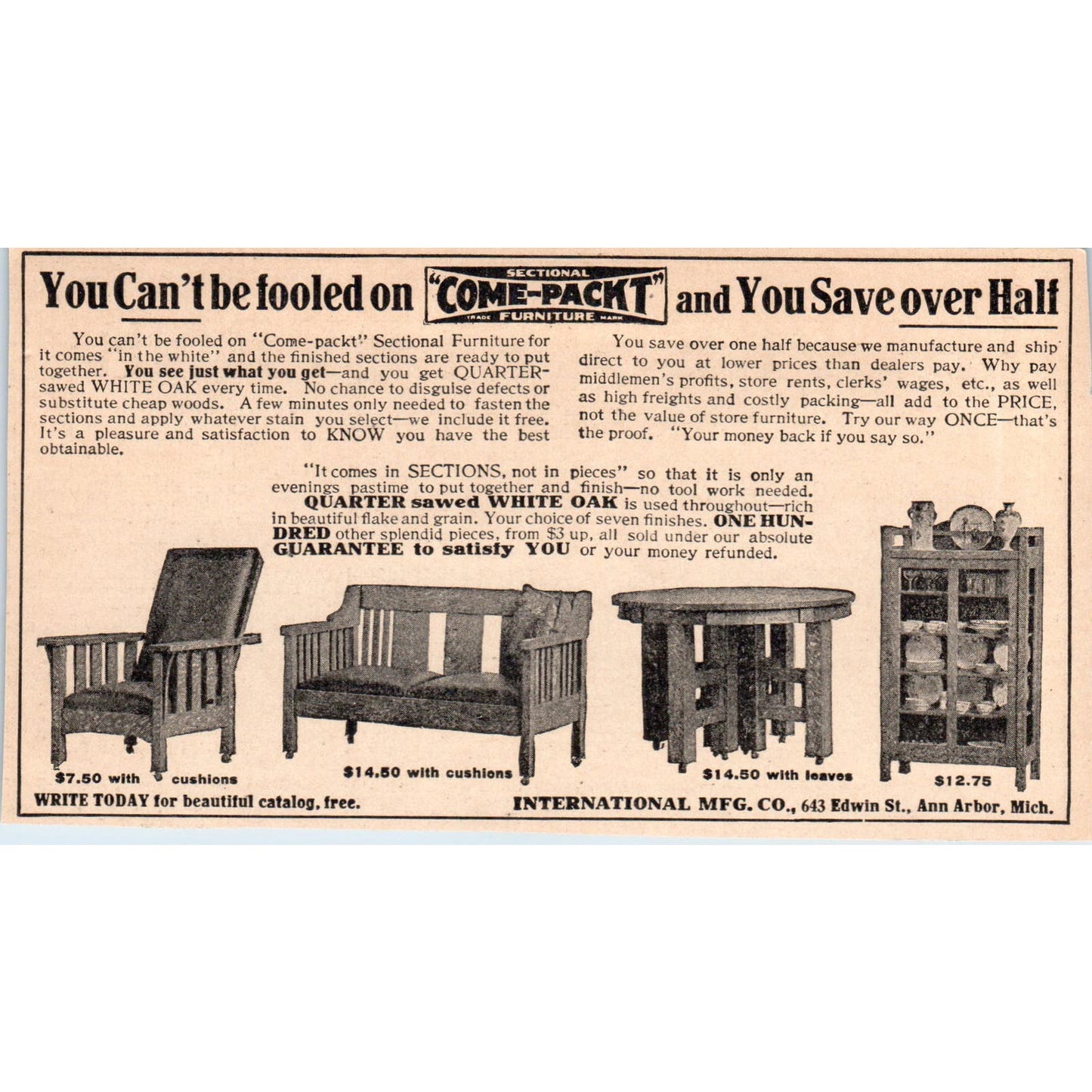 Come-Packt Sectional Furniture Co Ann Arbor MI c1905 Victorian Ad AE9-MA1