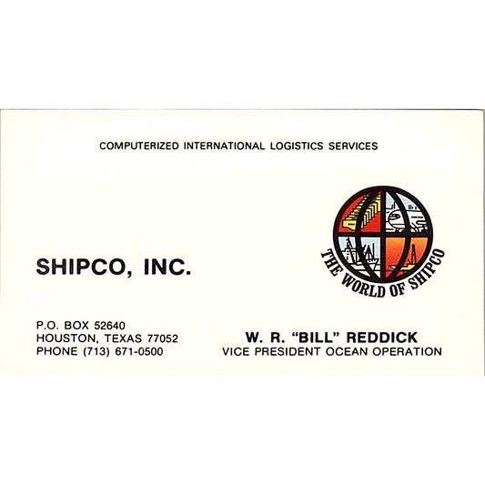 W.R. Bill Reddick Shipco Inc Houston Vintage Business Card SC9-B4