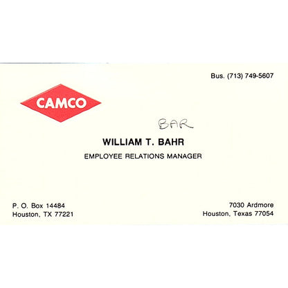Camco, William T. Bahr Houston Texas Vintage Business Card SB4-B2