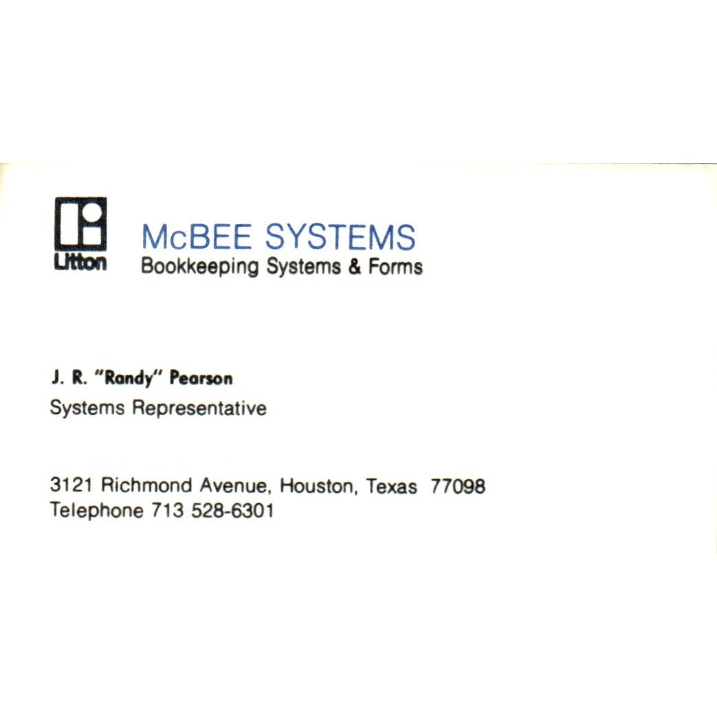 McBee Systems Bookkeeping J.R. Randy Pearson Houston Vtg Business Card SD8-B16