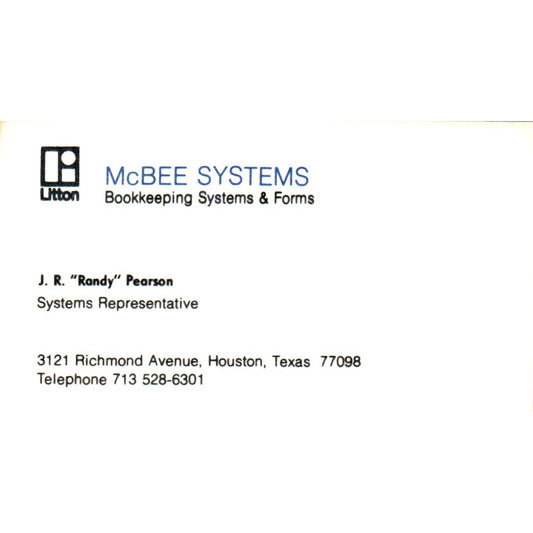 McBee Systems Bookkeeping J.R. Randy Pearson Houston Vtg Business Card SD8-B16