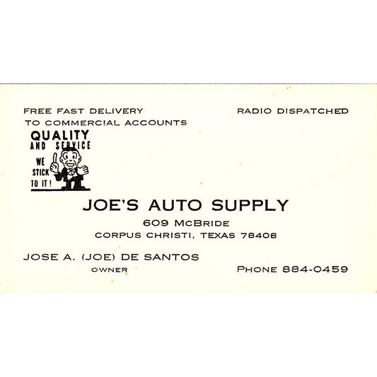 Joe's Auto Supply Jose A. De Santos Corpus Christi Vintage Business Card SE3-B13