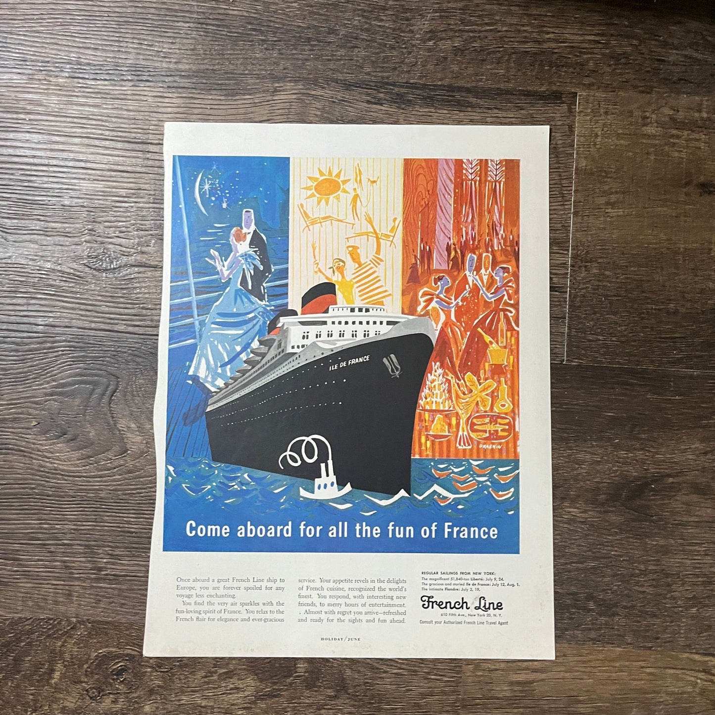 1957 French Line Cruise Steamer Drasnin Vintage Magazine Ad 10x13 V9