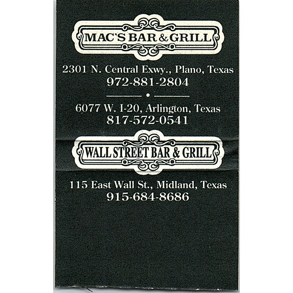 Wall Street Bar & Grill Midland Plano Arlington TX Vintage Matchbook TB6-MB2-12