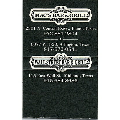 Wall Street Bar & Grill Midland Plano Arlington TX Vintage Matchbook TB6-MB2-12