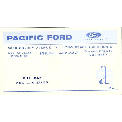 Pacific Ford Bill Rae Long Beach California Vintage Business Card SF3-B2