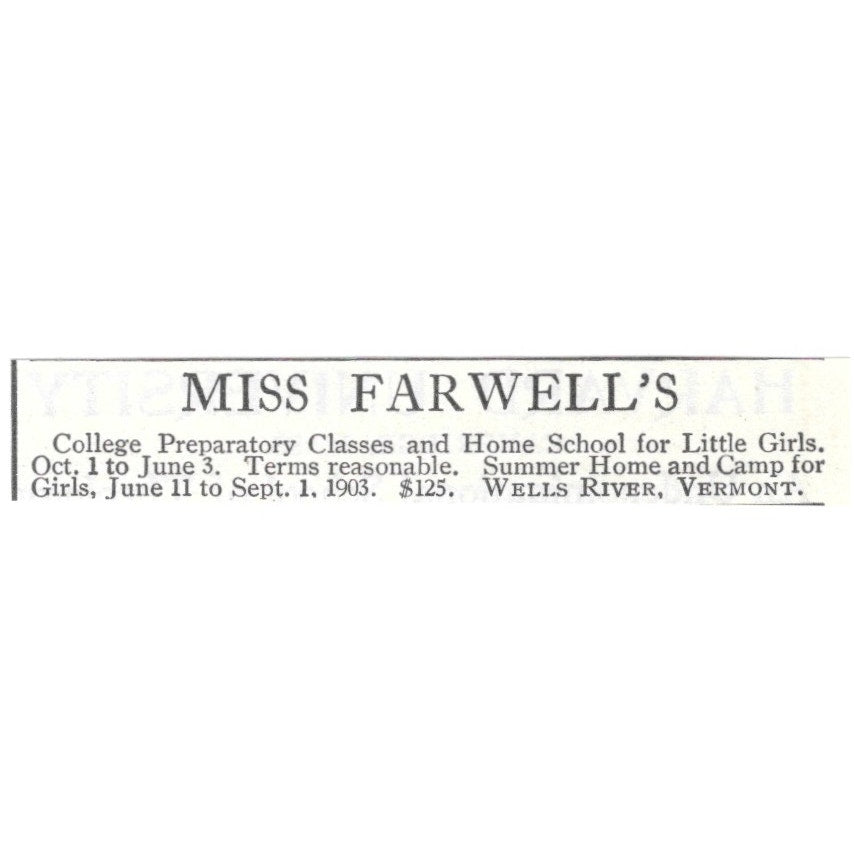 Miss Farwells College Pre School Wells River Vermont 1903 Magazine Ad AF7-SS5
