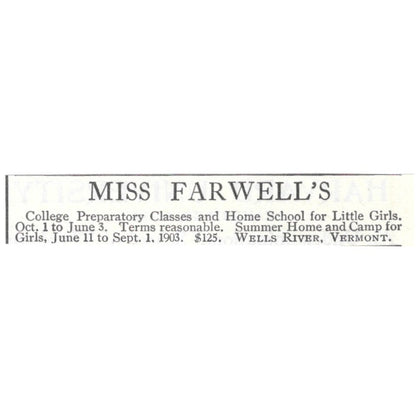 Miss Farwells College Pre School Wells River Vermont 1903 Magazine Ad AF7-SS5
