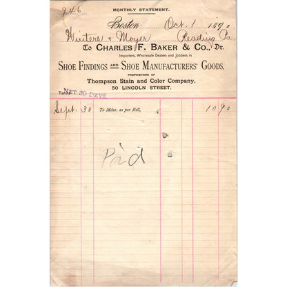 1890 Charles F. Baker & Co Shoe Findings Boston Original Billhead Receipt AE7