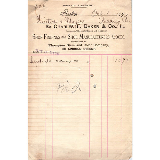 1890 Charles F. Baker & Co Shoe Findings Boston Original Billhead Receipt AE7