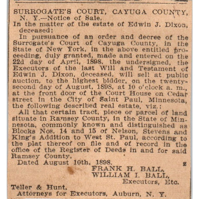 Cayuga County Notice of Sale Edwin J. Dixon St. Paul 1898 Newspaper Ad AF2-Q2