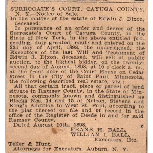 Cayuga County Notice of Sale Edwin J. Dixon St. Paul 1898 Newspaper Ad AF2-Q2