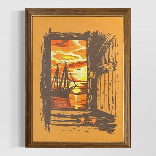 1976 Framed Crewel Embroidery Sunset Paragon Needlecraft Nautical Sailboat 20x26