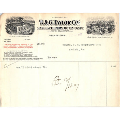 1907 N&G Taylor Co Tin Plate Philadelphia Letterhead Billhead Receipt D11