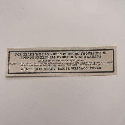 Ault Bee Company Weslaco Texas 1926 Ad AG3-M8