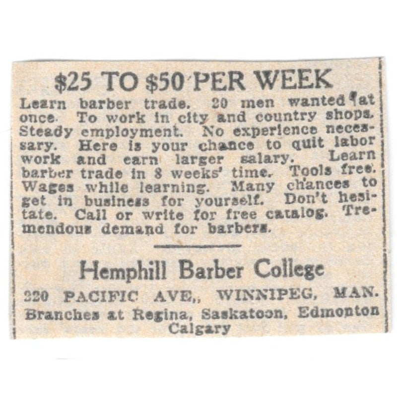 Hemphill Barber College Pacific Ave Winnipeg 1920 Ad AG2-S7