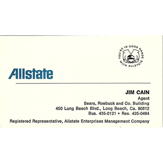 Jim Cain Long Beach CA Allstate Ins Vintage Business Card SE3-B15