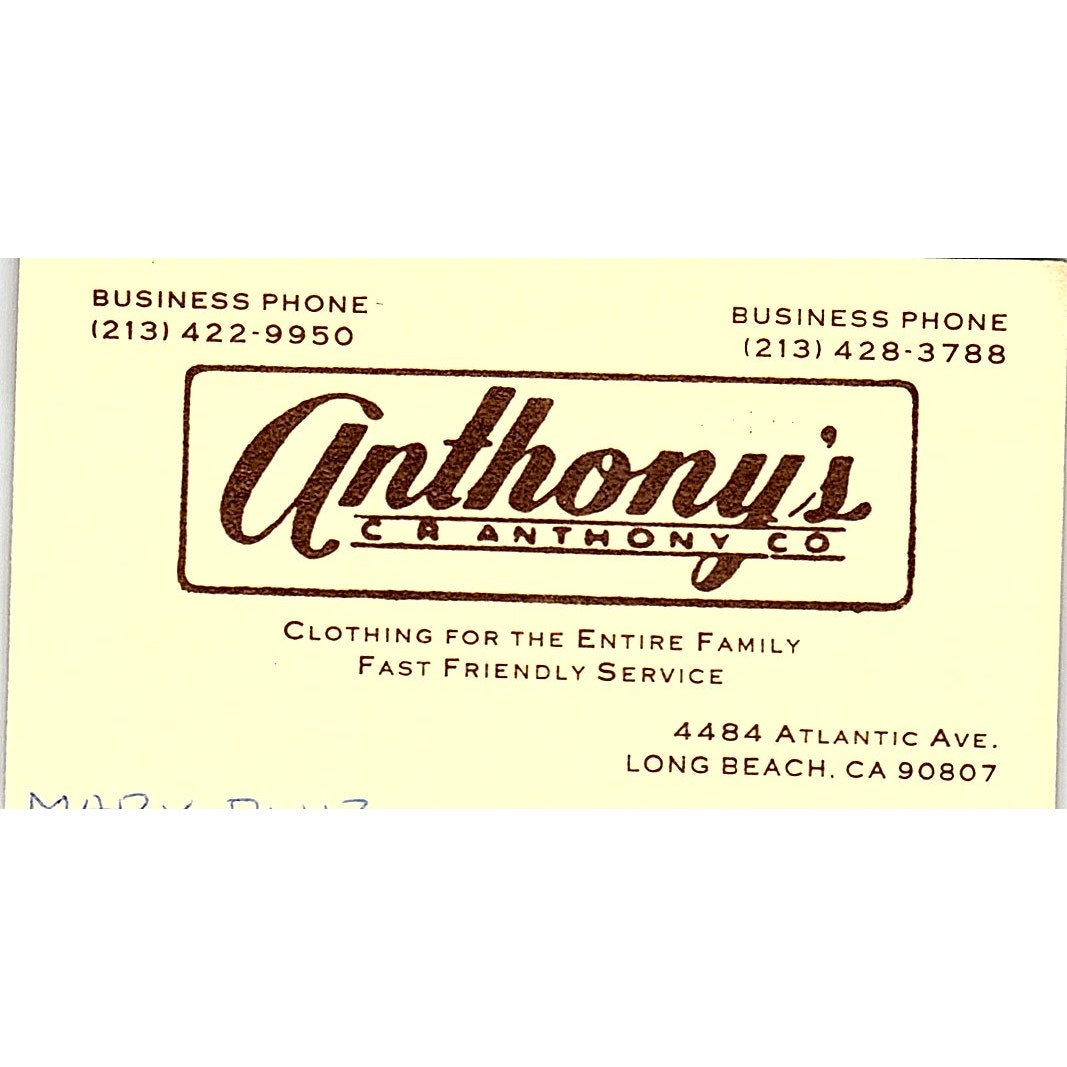 Anthony's C.R. Anthony Co  Long Beach CA Vintage Business Card SB4-B8