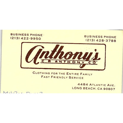 Anthony's C.R. Anthony Co  Long Beach CA Vintage Business Card SB4-B8
