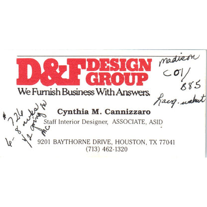 Cynthia M. Cannizzaro D&F Design Group Houston Vintage Business Card SD8-B20
