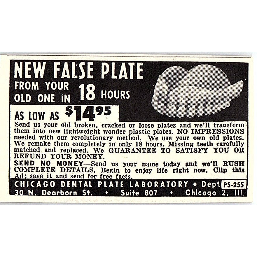 Chicago Dental Plate Laboratory Chicago IL 1955 Ad AF9-S7