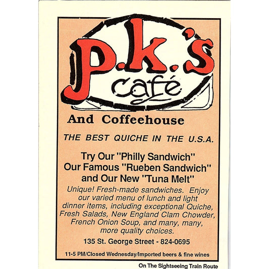 P.K.'s Cafe and Coffee House George Street St. Augustine FL 1989 Ad AF9-13