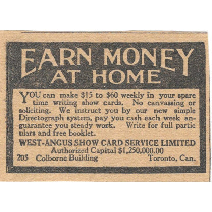 West-Angus Show Card Service Ltd Toronto Make Money Offer 1923 Magazine Ad AE1-8