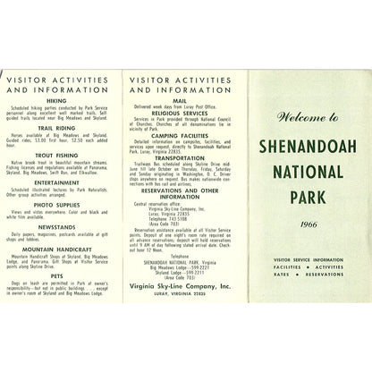 1966 Welcome to Shenandoah National Park Visitor Info Vintage Brochure TH2-TB3