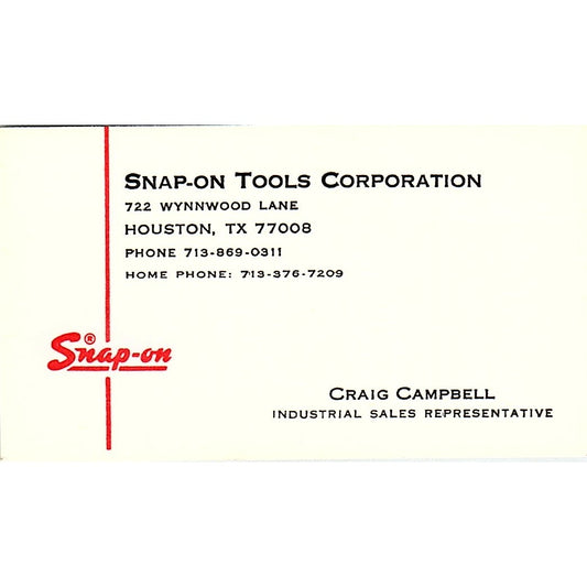 Craig Campbell Snap-On Tools Corporation Houston TX Vintage Business Card SD9-B4
