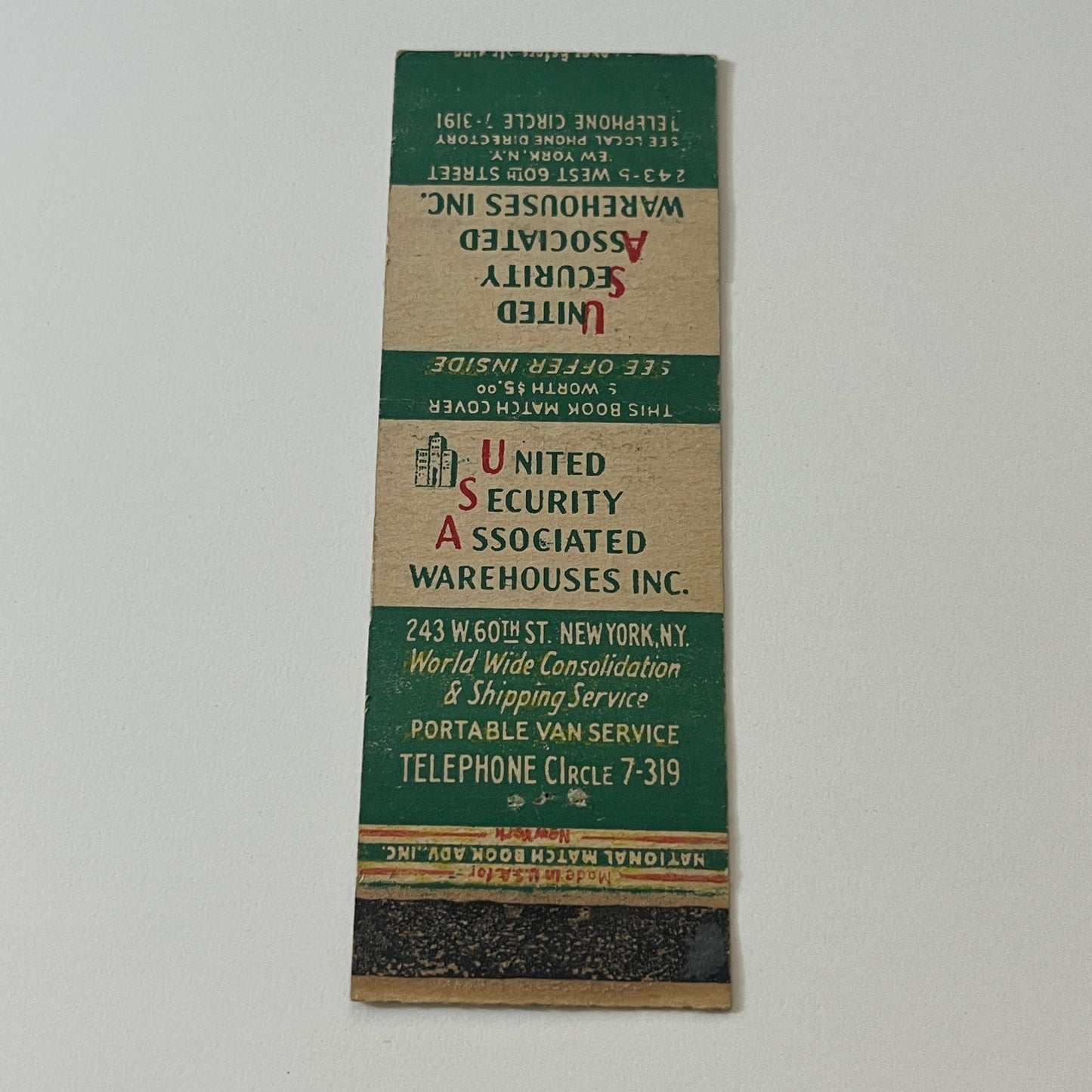 United Security Associated Warehouses Inc NY Vintage Matchbook Cover TB6-MB2-5