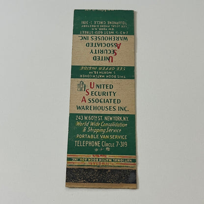 United Security Associated Warehouses Inc NY Vintage Matchbook Cover TB6-MB2-5