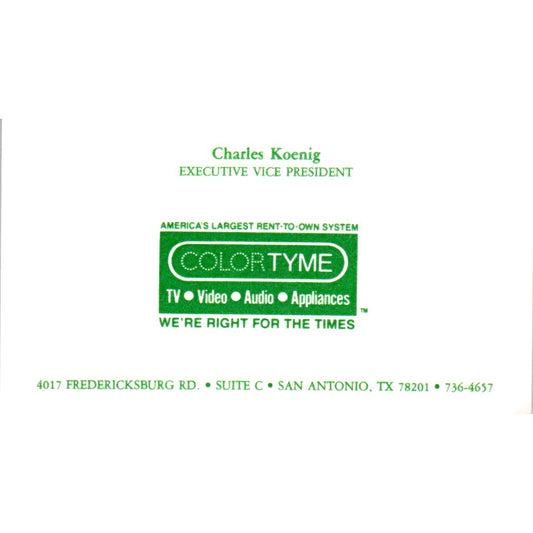 Charles Koenig San Antonio TX Colortyme TV Rental Vintage Business Card SD8-B5