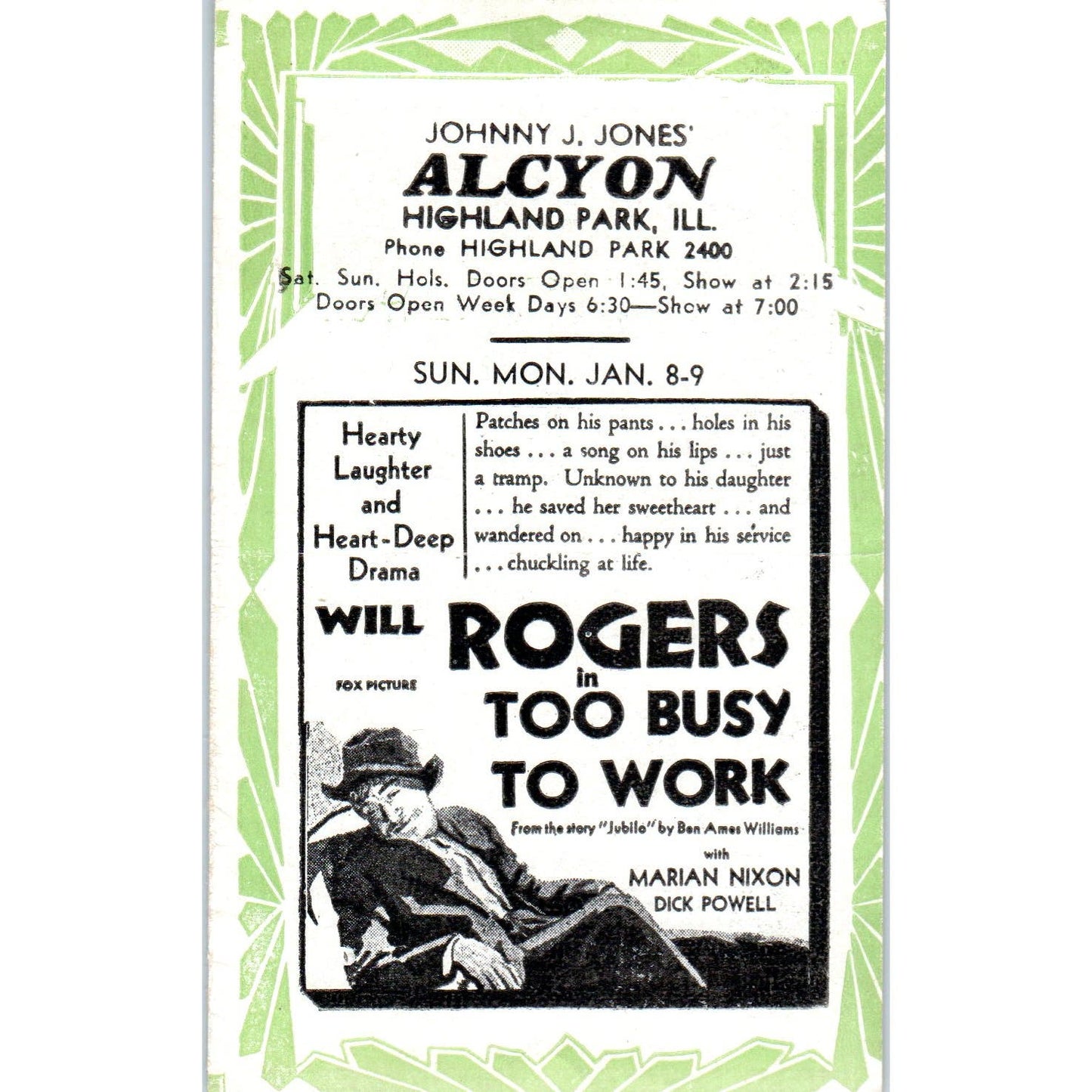 c1932 Johnny J. Jones Alcyon Theatre Program Will Rogers Too Busy to Work AB9