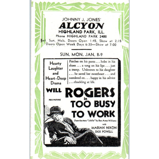 c1932 Johnny J. Jones Alcyon Theatre Program Will Rogers Too Busy to Work AB9