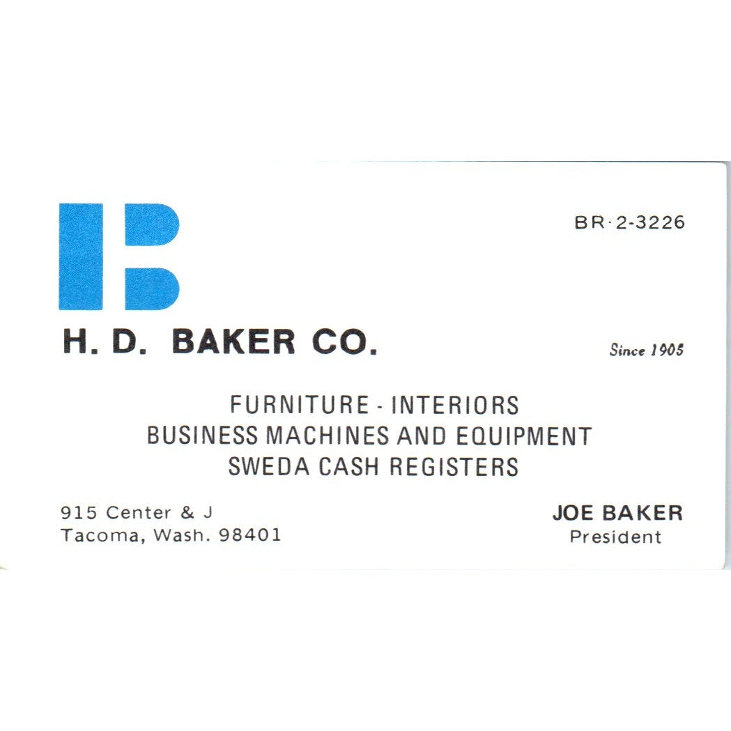 Joe Baker H.D. Baker Co Furniture Tacoma WA Vintage Business Card SE3-B3