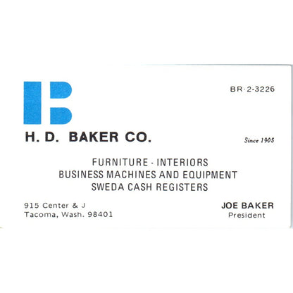 Joe Baker H.D. Baker Co Furniture Tacoma WA Vintage Business Card SE3-B3