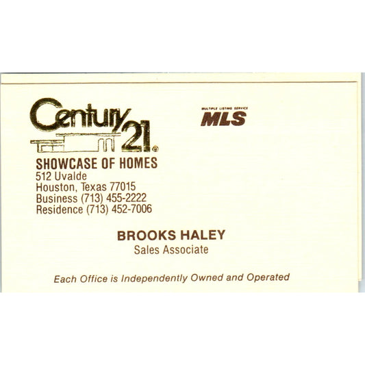 Brooks Haley Showcase of Homes Century 21 Realty Houston TX Business Card SD4-B5