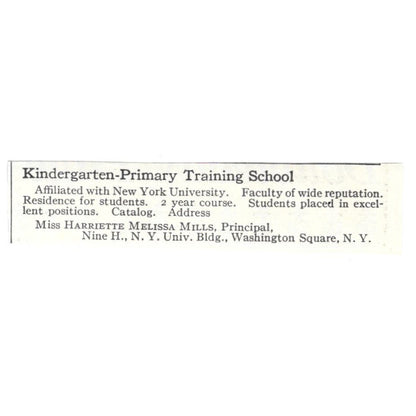 Kindergarten-Primary Training Harriette Melissa Mills NY c1918 Ad AE5-SA7