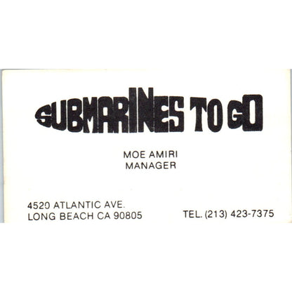 Submarines to Go Moe Amiri Long Beach CA Vintage Business Card SD8-B6
