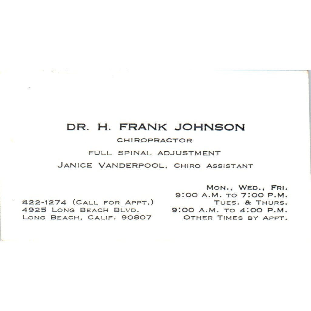 H. Frank Johnson Janice Vanderpool Chiropractor Long Beach Business Card SE3-B7