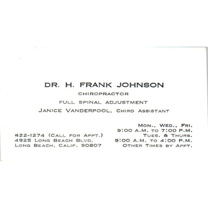 H. Frank Johnson Janice Vanderpool Chiropractor Long Beach Business Card SE3-B7