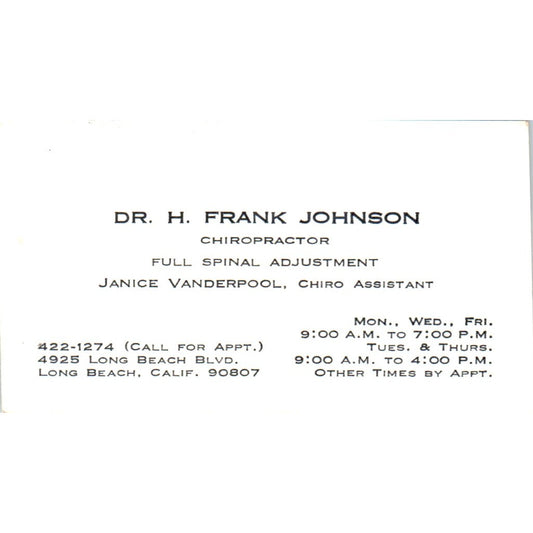 H. Frank Johnson Janice Vanderpool Chiropractor Long Beach Business Card SE3-B7