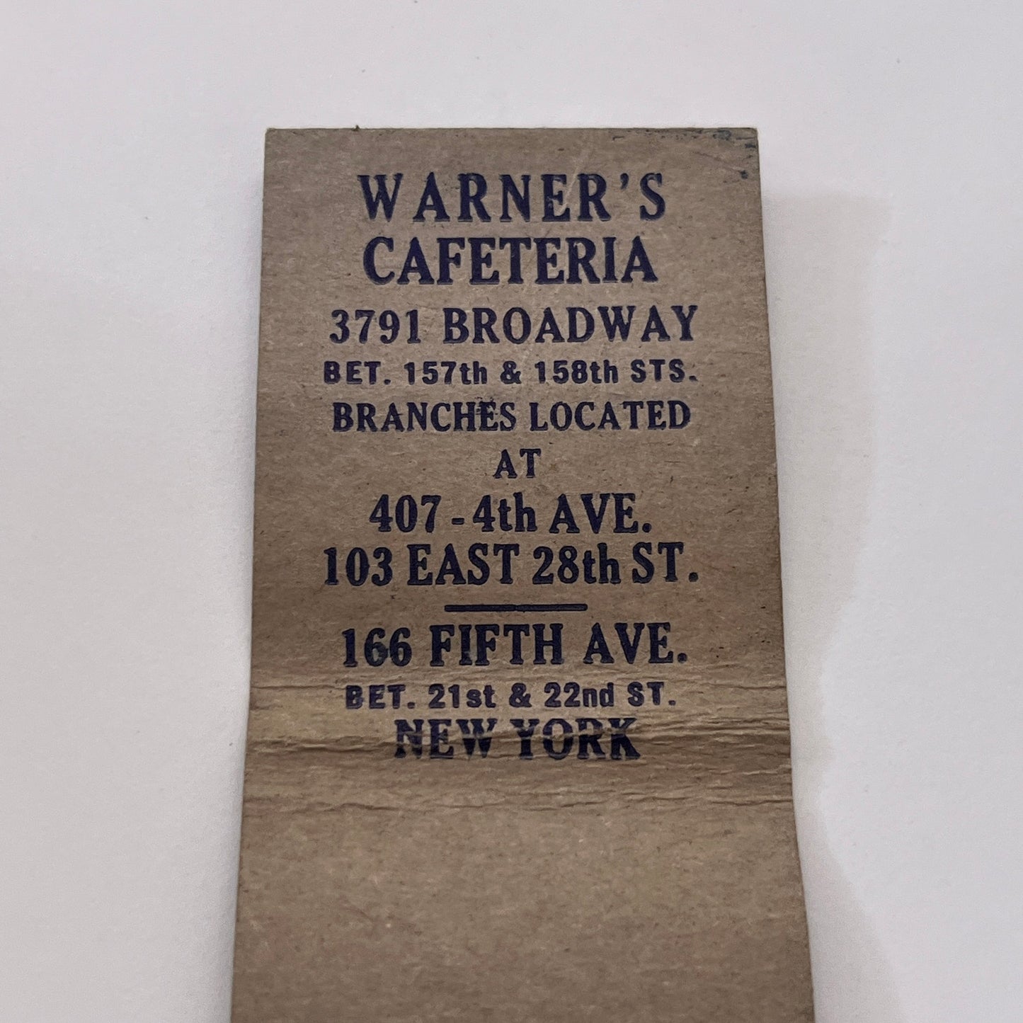 Warner's Cafeteria New York Vintage Matchbook Cover TB8-MB-11
