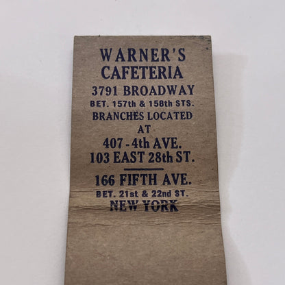 Warner's Cafeteria New York Vintage Matchbook Cover TB8-MB-11