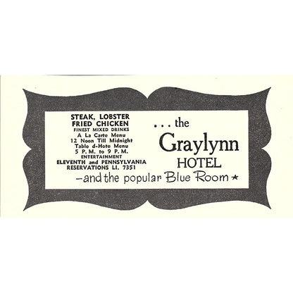 The Graylynn Hotel Blue Room Indianapolis IN 1947 Ad AF6-21