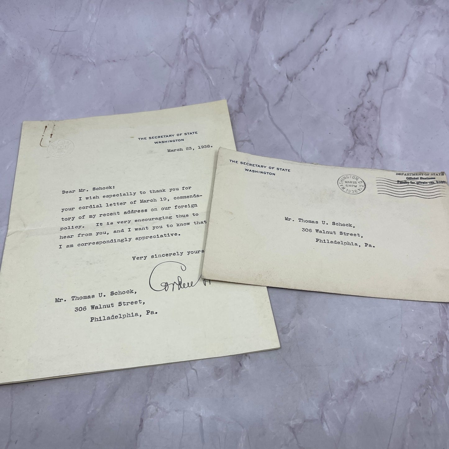 1938 Letter From Secretary of State to Thomas U Schock Philadelphia TB8-OD