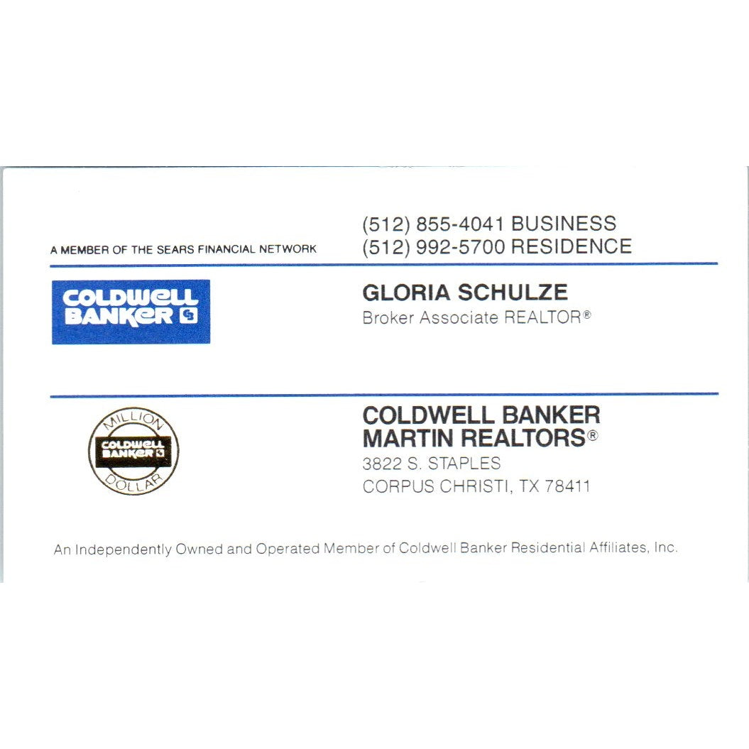 Gloria Schulze Coldwell Banker Martin Realtors Corpus Christi Vtg Card SE3-B2
