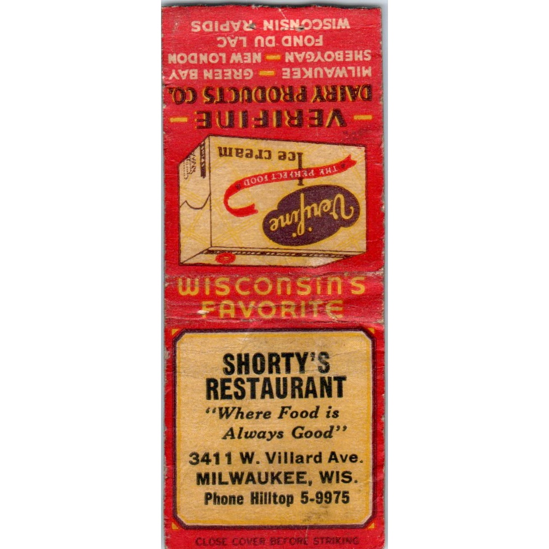 Shorty's Restaurant Milwaukee Verifine Ice Cream Vintage Matchbook Cover SF4-Y5