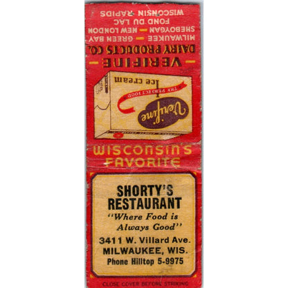 Shorty's Restaurant Milwaukee Verifine Ice Cream Vintage Matchbook Cover SF4-Y5